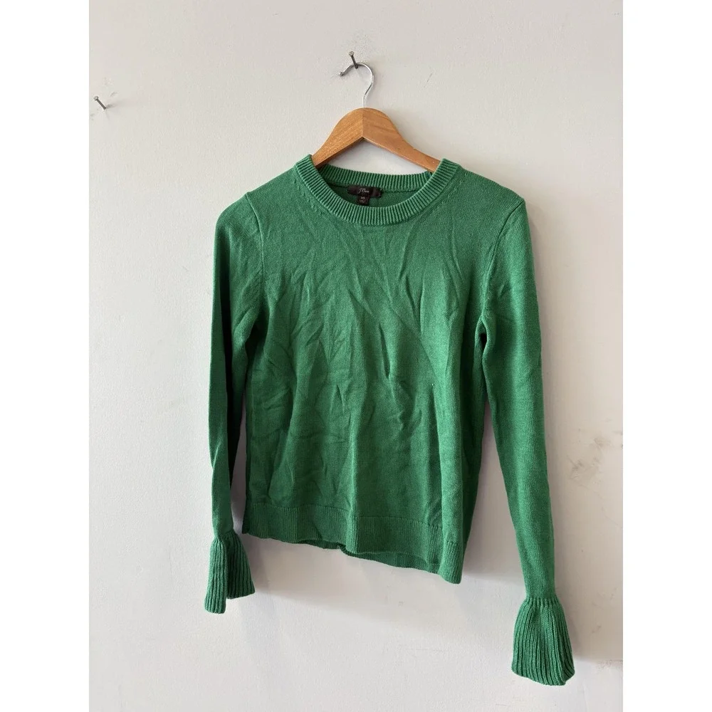 J Crew Sweater Womens XS Green Ruffle Bell Sleeve Crewneck Lightweight Knit